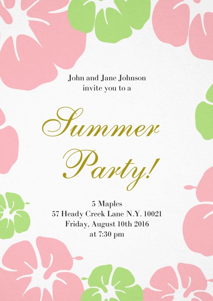 Summer party invitation card with hibiscus flower frame. Pink.
