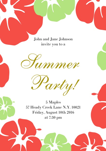 Online Summer party invitation card with hibiscus flower frame. Red.