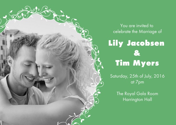 Enjoy this green Wedding invitation card with round photo.