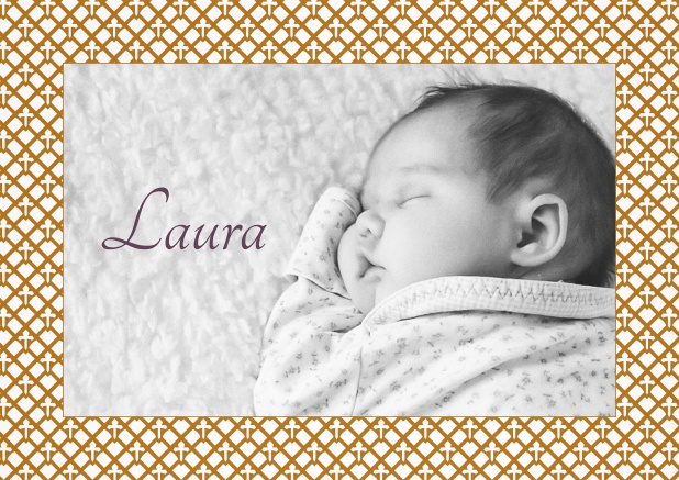 Birth announcement photo card with golden pailing art-nouveau frame.