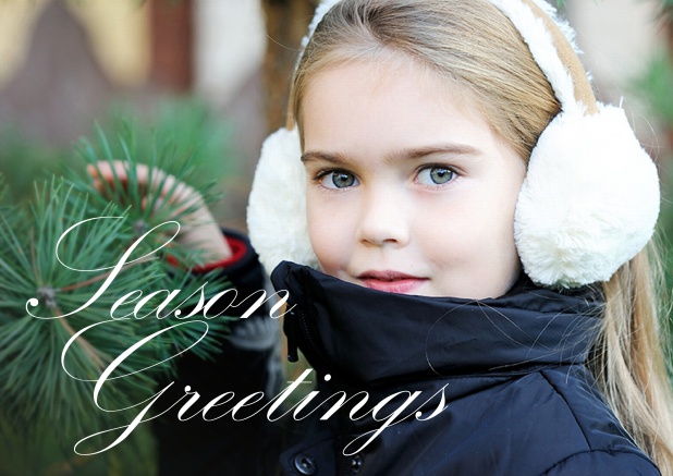 Online Weihnachtskarte mit gestaltetem Season Greetings Text auf einem Foto. Braun.