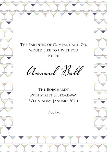 Online Einladungskarte zum Cocktail mit Cocktail Glässern als Rahmen.