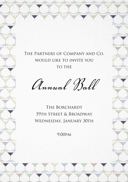 Einladungskarte zum Cocktail mit Cocktail Glässern als Rahmen.