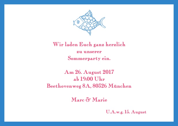 Online Einladungskarte mit einem kunstvoll gezeichnetem Fisch und passendem Rahmen. Blau.