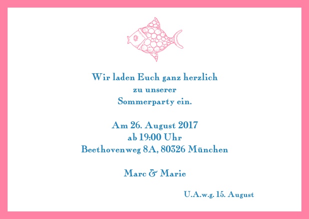 Online Einladungskarte mit einem kunstvoll gezeichnetem Fisch und passendem Rahmen. Rosa.