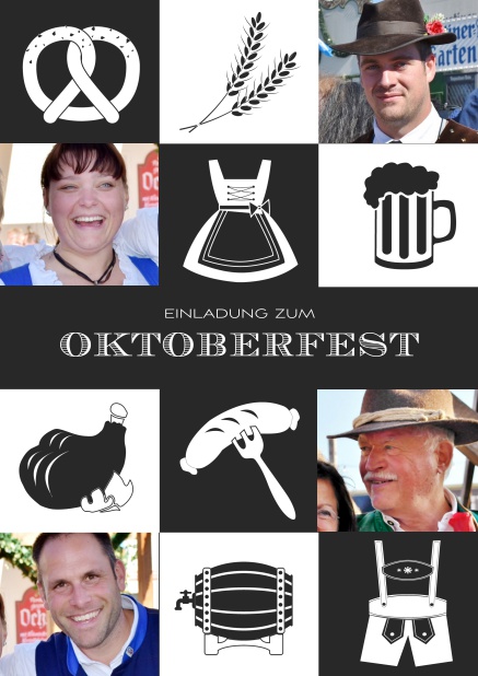 Online Einladungskarte zum Oktoberfest mit kariertem Muster in verschiedenen Farben und Fotofeldern. Schwarz.