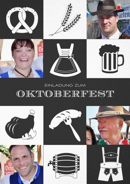 Einladungskarte zum Oktoberfest mit kariertem Muster in verschiedenen Farben und Fotofeldern. Schwarz.
