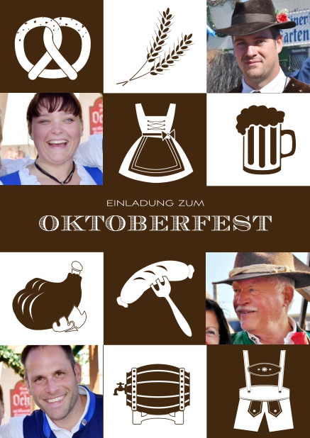 Online Einladungskarte zum Oktoberfest mit kariertem Muster in verschiedenen Farben und Fotofeldern. Braun.