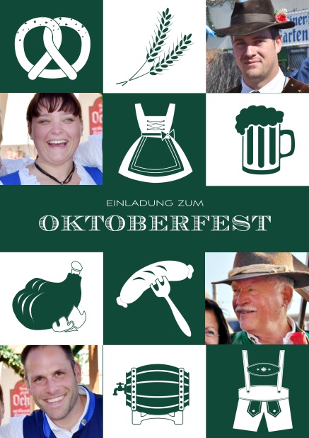 Online Einladungskarte zum Oktoberfest mit kariertem Muster in verschiedenen Farben und Fotofeldern. Grün.