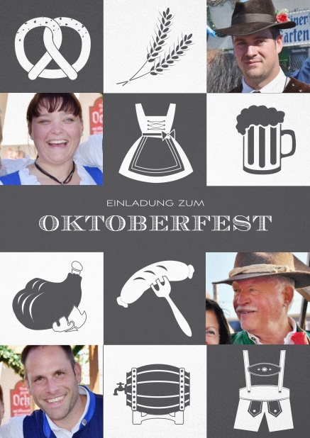 Einladungskarte zum Oktoberfest mit kariertem Muster in verschiedenen Farben und Fotofeldern. Grau.