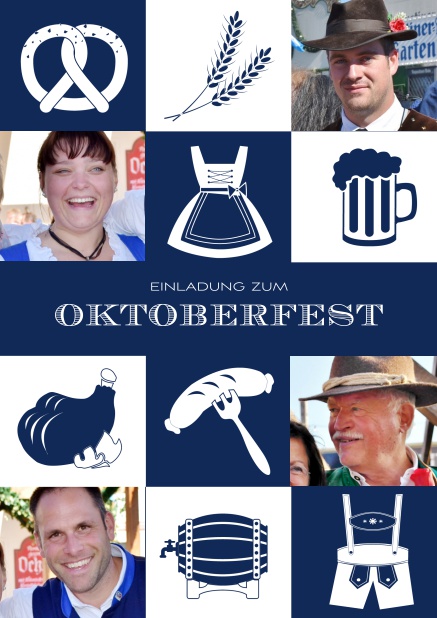 Online Einladungskarte zum Oktoberfest mit kariertem Muster in verschiedenen Farben und Fotofeldern. Marine.