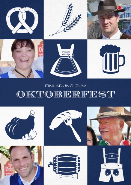 Einladungskarte zum Oktoberfest mit kariertem Muster in verschiedenen Farben und Fotofeldern.