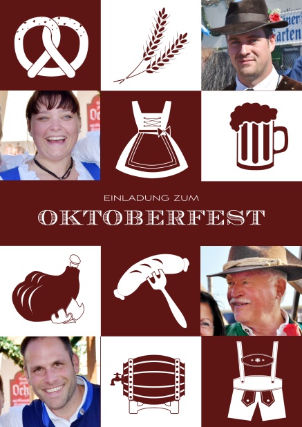 Online Einladungskarte zum Oktoberfest mit kariertem Muster in verschiedenen Farben und Fotofeldern. Rot.