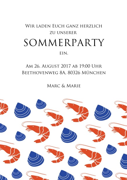 Perfekte Online Einladungskarte zur Strandparty mit Hummern und Muscheln drauf