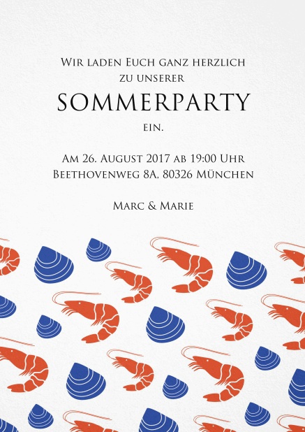 Perfekte Einladungskarte zur Strandparty mit Hummern und Muscheln drauf