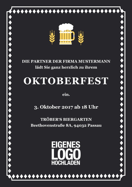 Klassisch farbige Online Einladungskarte zum Bierfest mit Hopfen und Bierillustration Schwarz.