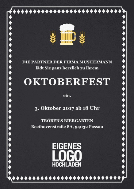 Klassisch farbige Einladungskarte zum Bierfest mit Hopfen und Bierillustration Schwarz.