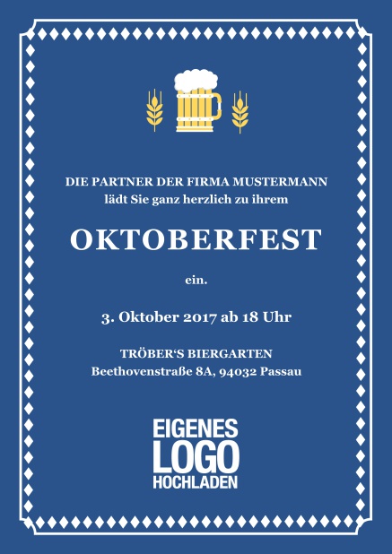 Klassisch farbige Online Einladungskarte zum Bierfest mit Hopfen und Bierillustration Blau.