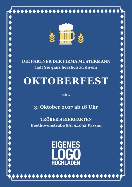 Klassisch farbige Online Einladungskarte zum Bierfest mit Hopfen und Bierillustration Blau.