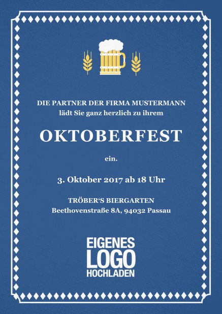 Hopfen und Bier - Blau - Tracht Klassisch farbige Einladungskarte zum Bierfest mit Hopfen und Bierillustration Blau.