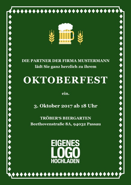 Klassisch farbige Online Einladungskarte zum Bierfest mit Hopfen und Bierillustration Grün.