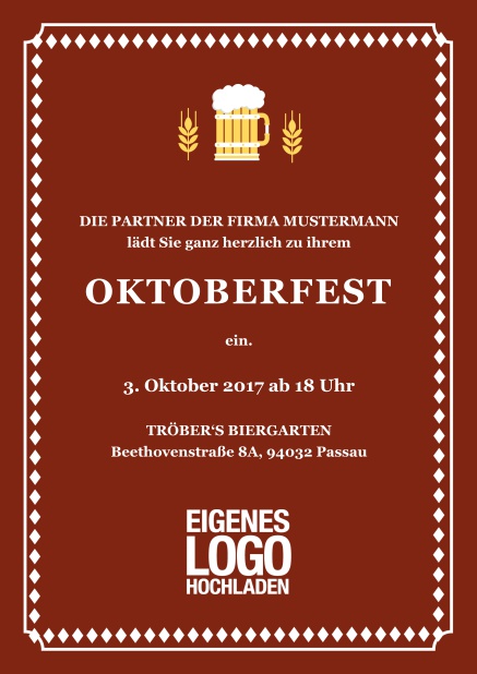 Klassisch farbige Online Einladungskarte zum Bierfest mit Hopfen und Bierillustration Rot.