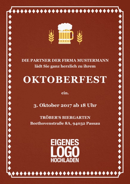 Klassisch farbige Einladungskarte zum Bierfest mit Hopfen und Bierillustration Rot.