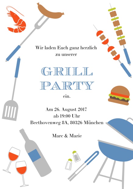 Tolle Grillparty Online Einladungskarte mit verschiedenen mit Illustrationen von Wurst, Burger, Wein und Grill. Blau.