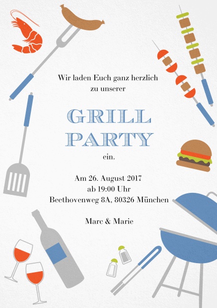 Tolle Grillparty Einladungskarte mit verschiedenen mit Illustrationen von Wurst, Burger, Wein und Grill. Blau.