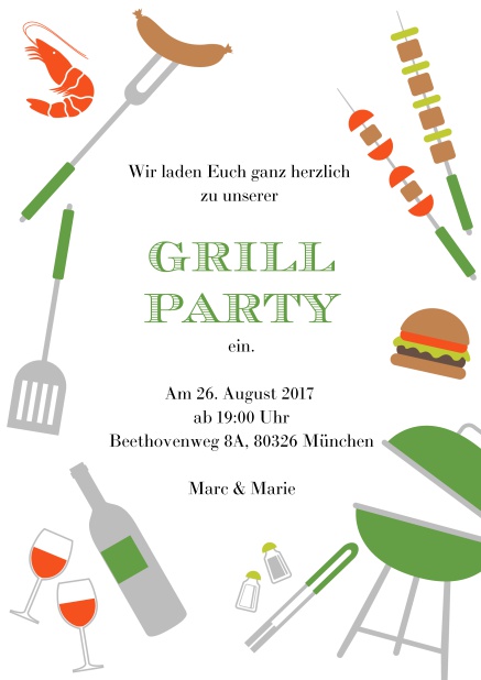 Tolle Grillparty Online Einladungskarte mit verschiedenen mit Illustrationen von Wurst, Burger, Wein und Grill. Grün.