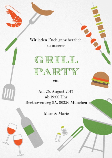 Tolle Grillparty Einladungskarte mit verschiedenen mit Illustrationen von Wurst, Burger, Wein und Grill. Grün.