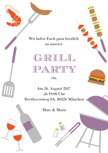 Tolle Grillparty Online Einladungskarte mit verschiedenen mit Illustrationen von Wurst, Burger, Wein und Grill. Lila.