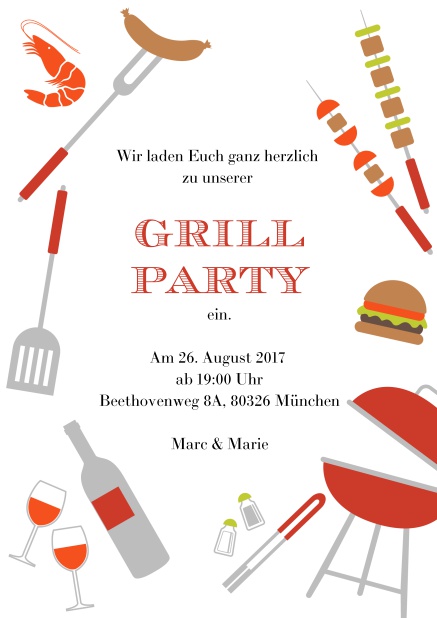 Tolle Grillparty Online Einladungskarte mit verschiedenen mit Illustrationen von Wurst, Burger, Wein und Grill. Rot.