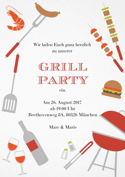 Tolle Grillparty Einladungskarte mit verschiedenen mit Illustrationen von Wurst, Burger, Wein und Grill. Rot.