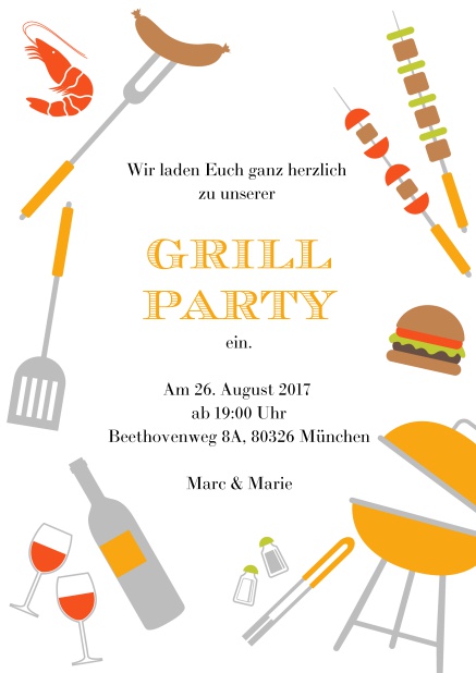 Tolle Grillparty Online Einladungskarte mit verschiedenen mit Illustrationen von Wurst, Burger, Wein und Grill. Gelb.