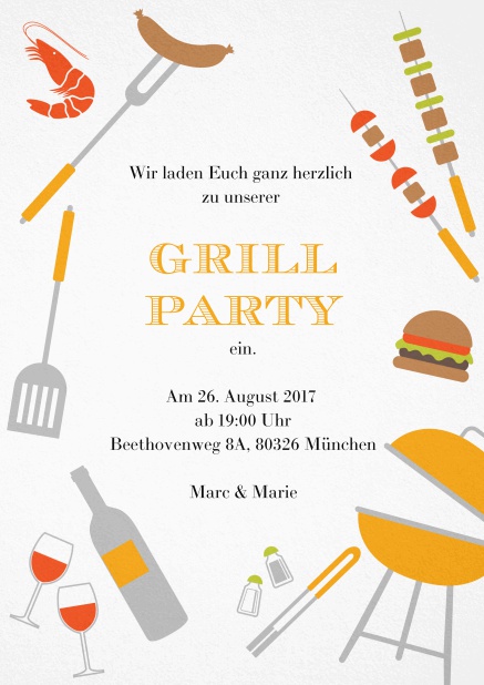 Tolle Grillparty Einladungskarte mit verschiedenen mit Illustrationen von Wurst, Burger, Wein und Grill. Gelb.