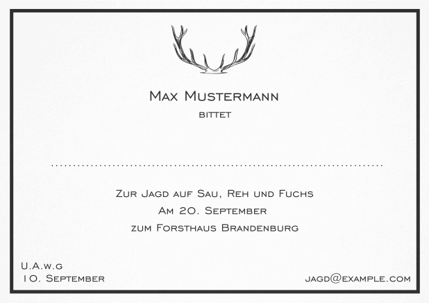 Jagdeinladungskarte mit starkem Hirschgeweih und feiner Linie als Rahmen in verschiedenen Farben. Schwarz.