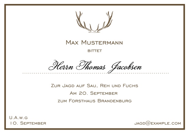 Online Classic hunting invitation card with strong antlers and an elegant thin line frame in various colors. Brown.