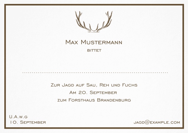 Jagdeinladungskarte mit starkem Hirschgeweih und feiner Linie als Rahmen in verschiedenen Farben. Braun.
