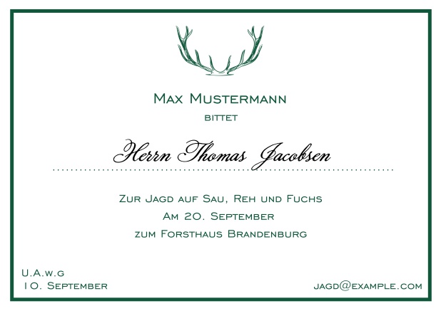 Online Classic hunting invitation card with strong antlers and an elegant thin line frame in various colors. Green.