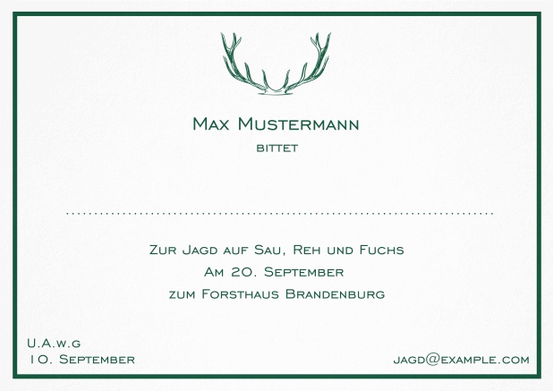 Jagdeinladungskarte mit starkem Hirschgeweih und feiner Linie als Rahmen in verschiedenen Farben. Grün.