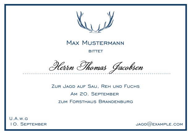 Online Classic hunting invitation card with strong antlers and an elegant thin line frame in various colors. Navy.