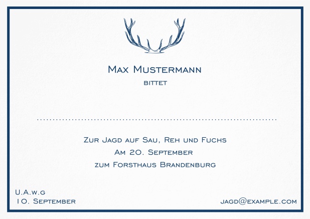 Classic hunting invitation card with strong antlers and an elegant thin line frame in various colors. Navy.