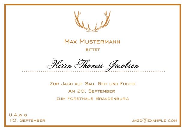 Online Classic hunting invitation card with strong antlers and an elegant thin line frame in various colors. Orange.