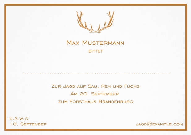 Classic hunting invitation card with strong antlers and an elegant thin line frame in various colors. Orange.