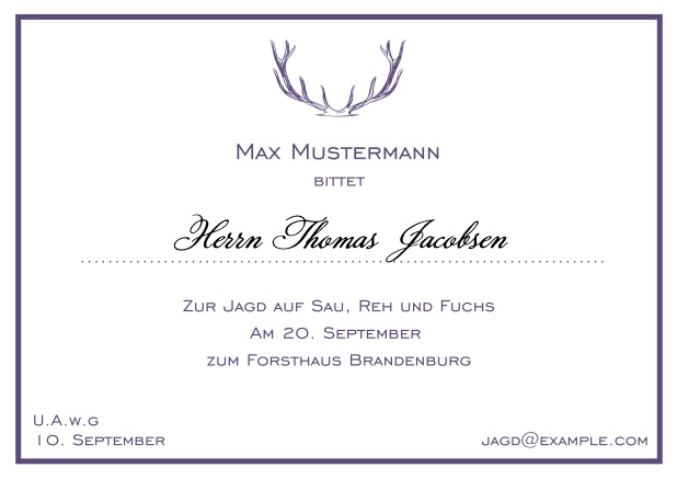 Online Classic hunting invitation card with strong antlers and an elegant thin line frame in various colors. Purple.