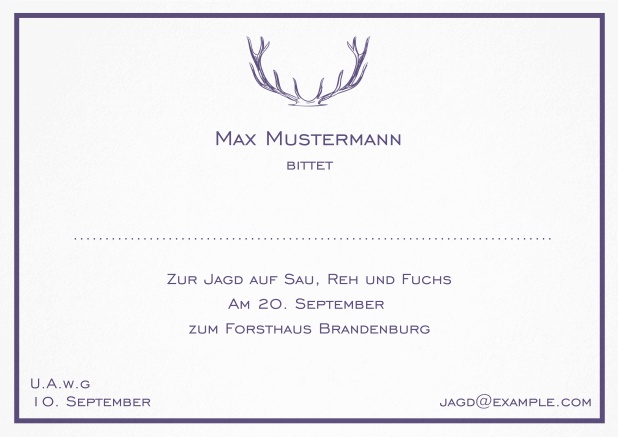 Classic hunting invitation card with strong antlers and an elegant thin line frame in various colors. Purple.