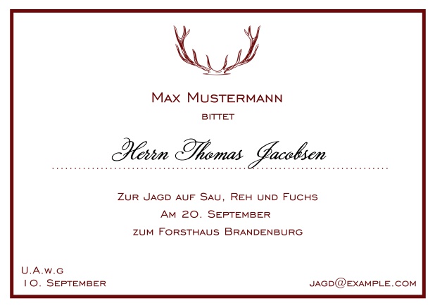 Online Jagdeinladungskarte mit starkem Hirschgeweih und feiner Linie als Rahmen in verschiedenen Farben. Rot.