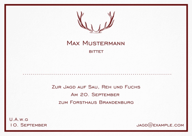 Jagdeinladungskarte mit starkem Hirschgeweih und feiner Linie als Rahmen in verschiedenen Farben. Rot.