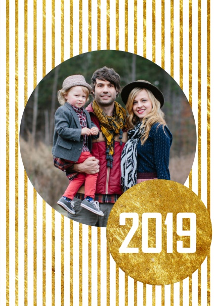 New Years Greeting online card with large photo on golden striped background with golden 2019